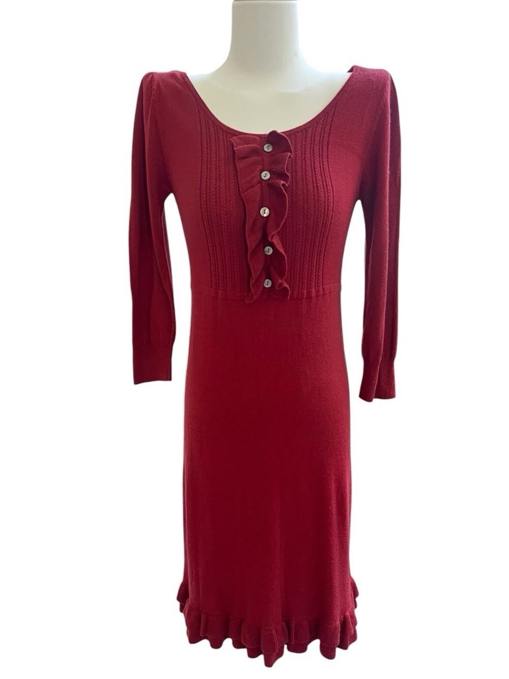 John Rocha Coral Knit Sweater Dress Sz 8 US 4 Ruffles Buttons Details Long Slv